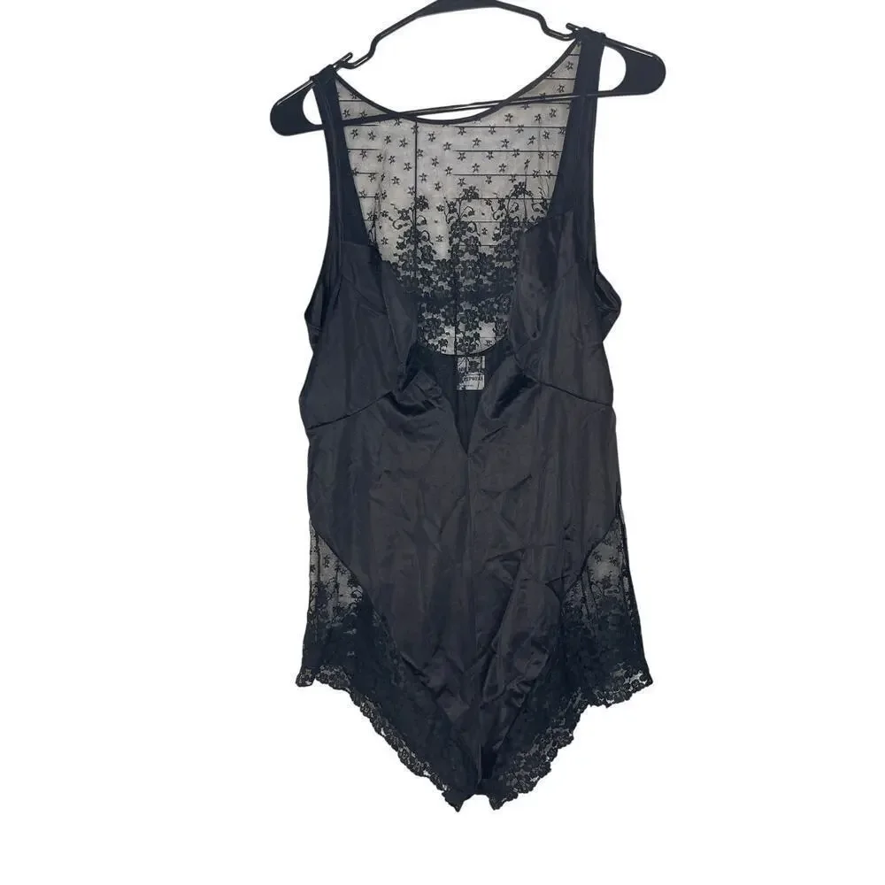 Vintage JCPenny Black Lace Teddy Lingerie Bodysuit Romper Women's Size Large